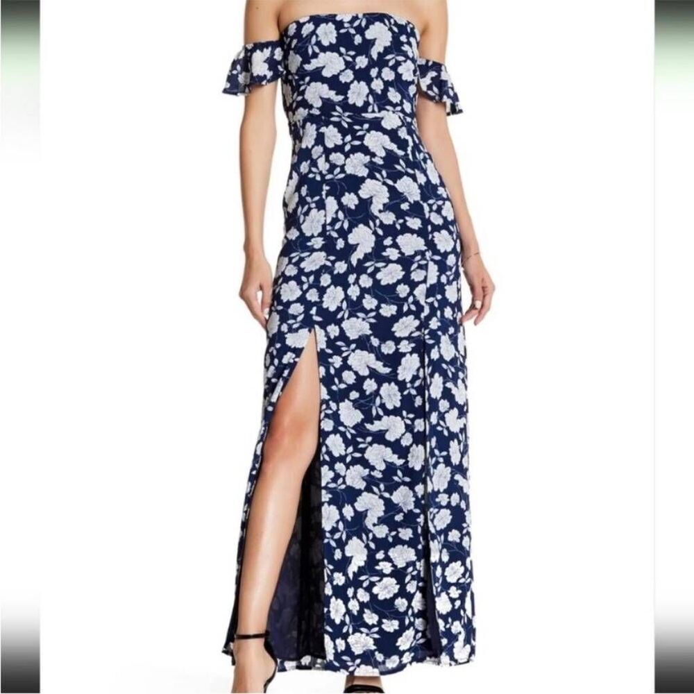 Lucca Blue Floral Off Shoulder Sleeve Slit Maxi Dress Large Femme Formal Wedding